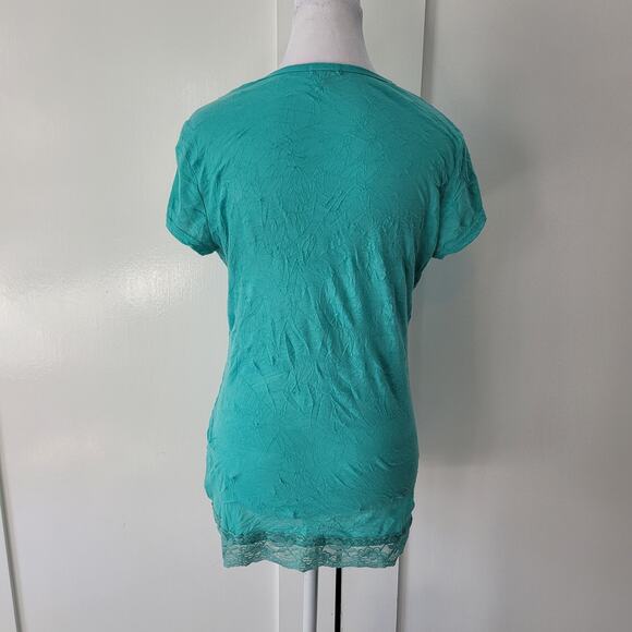 Maurices Size M Teal Crinkle Lace Trim V Neck Top Y2K Feminine Boho - Picture 3 of 9
